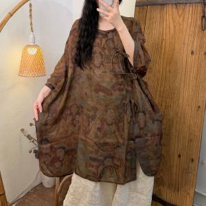 Bowknot Tied Printed Ramie Tunic