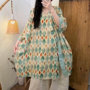Bowknot Tied Printed Ramie Tunic