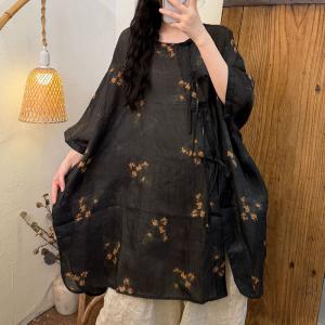 Bowknot Tied Printed Ramie Tunic