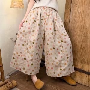 Summer Linen Patterned Wide Leg Ankle Pants