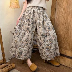 Summer Linen Patterned Wide Leg Ankle Pants