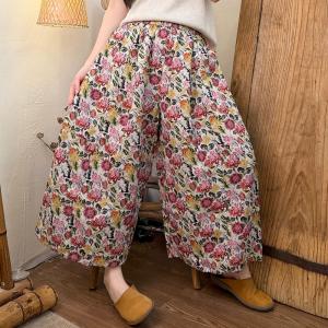 Summer Linen Patterned Wide Leg Ankle Pants
