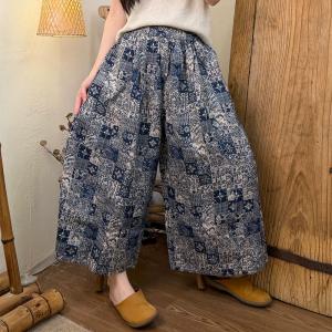 Summer Linen Patterned Wide Leg Ankle Pants