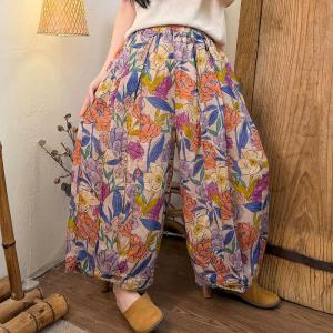 Tropical Colorful Prints Wide Leg Ramie Pants