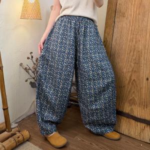 Artistic Patterned Organic Linen Curved Pants