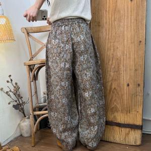 Artistic Patterned Organic Linen Curved Pants