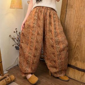 Artistic Patterned Organic Linen Curved Pants