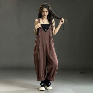 U-Neck Tassel Linen Loose Overalls