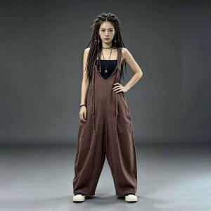 U-Neck Tassel Linen Loose Overalls