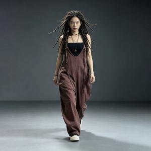 U-Neck Tassel Linen Loose Overalls