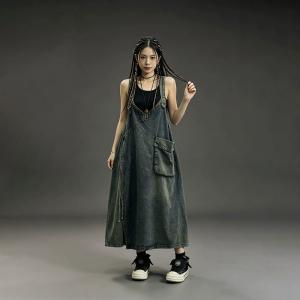 V-Neck Fringed Denim Sleeveless Wrap Dress
