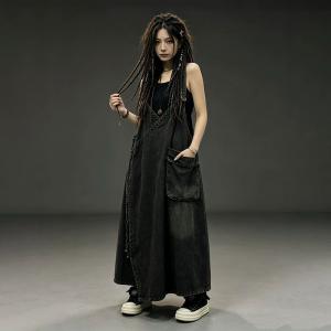 V-Neck Fringed Denim Sleeveless Wrap Dress