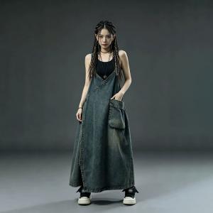 V-Neck Fringed Denim Sleeveless Wrap Dress