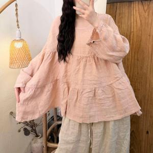 Puff Sleeves Linen Plus Size Babydoll Top