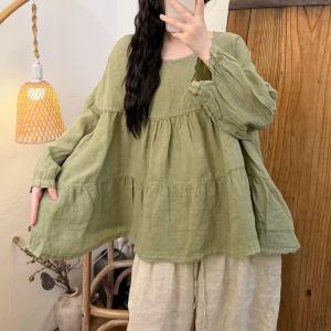 Puff Sleeves Linen Plus Size Babydoll Top