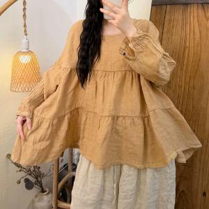 Puff Sleeves Linen Plus Size Babydoll Top
