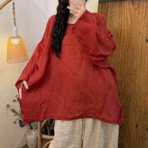 Casual Long Sleeves Ramie Loose Tunic