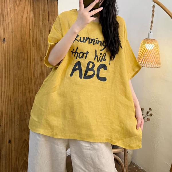 Casual 100% Linen Half Sleeve Round Neck Letter Yellow Salt Red comfy tropical hawaiian oversized resort travel beach slouchy lazy day rustic cottagecore