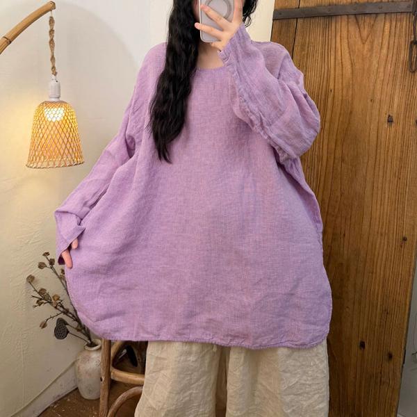 Casual 100% Linen Long Sleeve Round Neck Solid Color Lavender comfy tropical earthy hawaiian slouchy lazy day resort travel