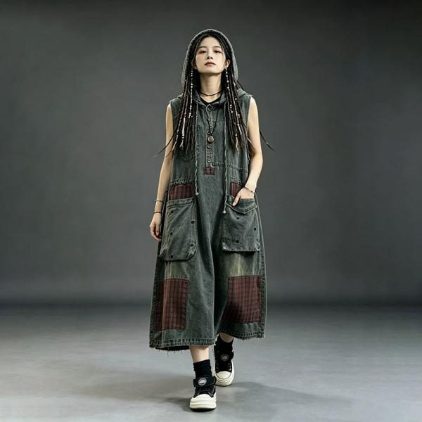 Street 100% Cotton Sleeveless Hooded Bicolor Blue comfy western petite slouchy lazy day travel resort conservative rustic cottagecore