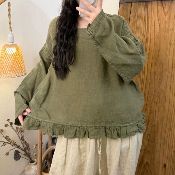 Casual 100% Linen Long Sleeve Round Neck Solid Color Cream Pink Dark Coffee Red Mustard Bean Green Purplish oversized lazy day travel resort rustic cottagecore