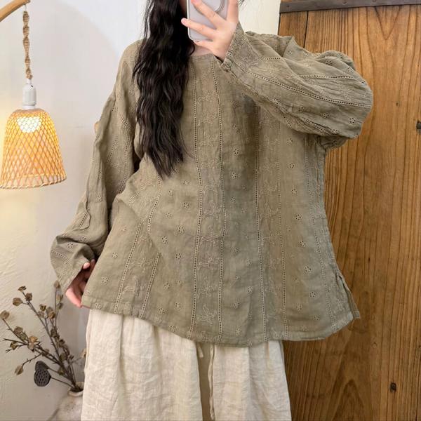 Casual 100% Linen Long Sleeve Round Neck Solid Color Cream Grapefruit Pink Cyan White Mustard Sage Green oversized lazy day resort travel brunch cottagecore rustic tropical hawaiian comfy