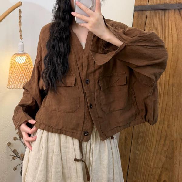 Casual 100% Linen Long Sleeve V-Neck Solid Color Gray Dark Pink Black Coffee Khaki comfy western tropical hawaiian oversized slouchy resort travel brunch winery