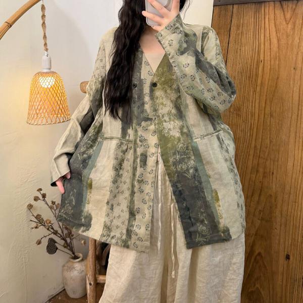 Work 100% Linen Long Sleeve V-Neck Printed Green Dusty Pink Blue Gray comfy tropical hawaiian oversized resort travel slouchy lazy day cottagecore rustic business casual