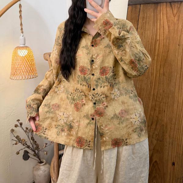 Work 100% Linen Long Sleeve Lapel Printed Yellow Sage Green Blue Gray Salt Red comfy rustic cottagecore slouchy ulzzang business casual 90s oversized
