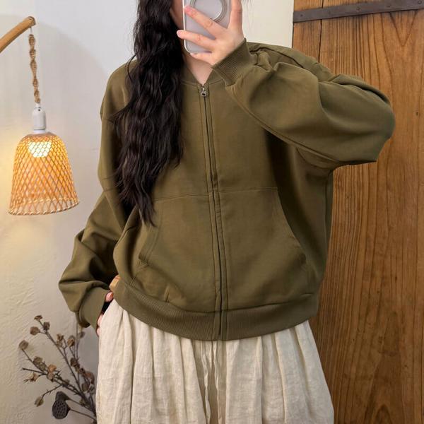 Casual Cotton Blend Long Sleeve V-Neck Solid Color Army Green Black normcore comfy oversized 90s lazy day slouchy
