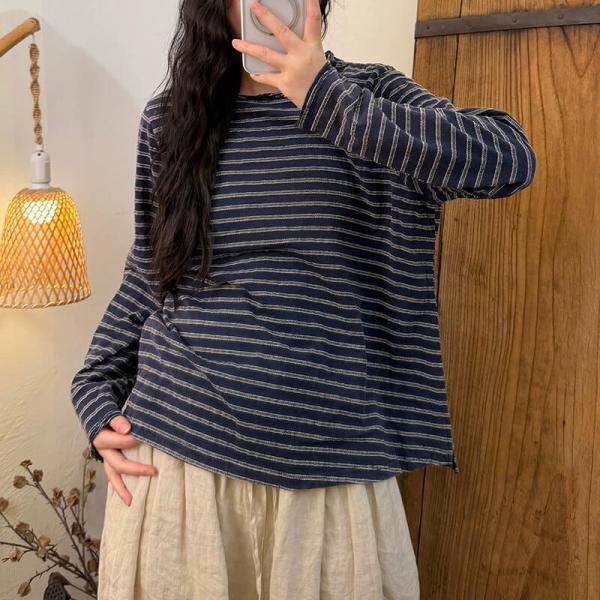 Casual 100% Cotton Long Sleeve Round Neck Striped Blue Coffee comfy tropical hawaiian oversized lazy day travel resort