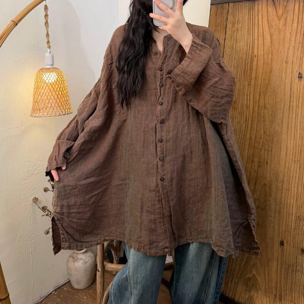 Casual 100% Linen Long Sleeve Stand Collar Solid Color Dark Coffee Yellow comfy rustic cottagecore oversized plus size lazy day