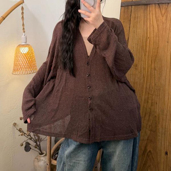 Casual Linen Blend Long Sleeve V-Neck Solid Color Blue Gray Dark Coffee comfy tropical hawaiian oversized lazy day travel resort brunch winery
