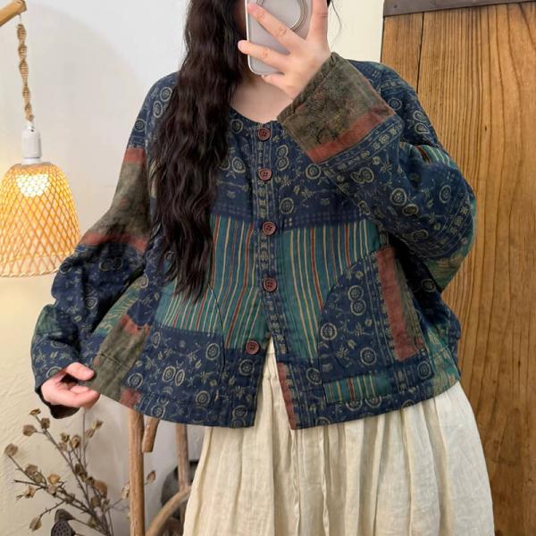 Ethnic 100% Linen Long Sleeve Round Neck Printed Blue Black Coffee Green Dark Red comfy oversized lazy day travel resort cottagecore rustic
