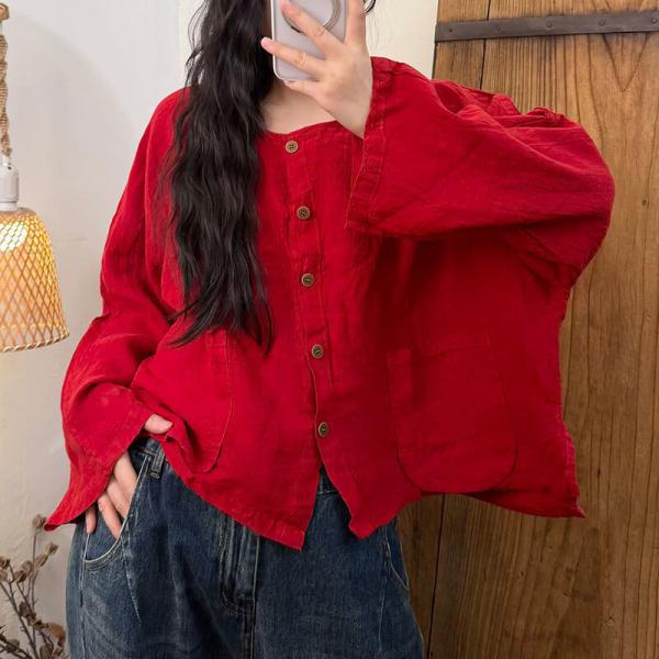 Casual 100% Linen Long Sleeve Round Neck Solid Color Red Brown Olive Green Dark Coffee Gray comfy tropical hawaiian rustic cottagecore slouchy oversized lazy day travel resort