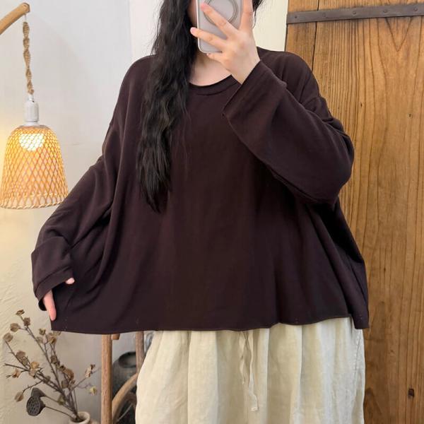 Casual 100% Cotton Long Sleeve Round Neck Solid Color Ginger Beige Dark Purple Black Pink comfy tropical hawaiian oversized slouchy lazy day travel