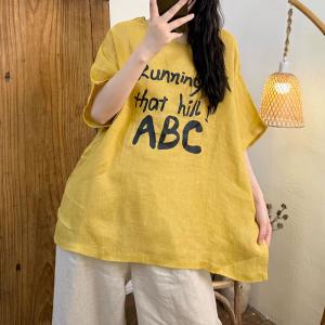 Letter Prints Half Sleeves Linen Oversized T-shirt