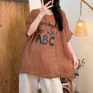 Letter Prints Half Sleeves Linen Oversized T-shirt
