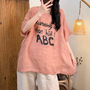 Letter Prints Half Sleeves Linen Oversized T-shirt