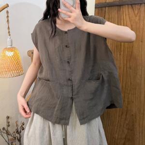 Cap Sleeves Casual Cotton Linen Vest
