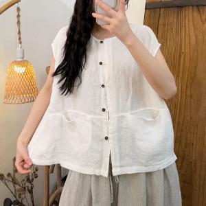 Cap Sleeves Casual Cotton Linen Vest