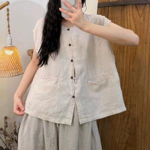 Cap Sleeves Casual Cotton Linen Vest