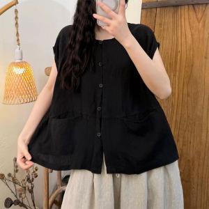 Cap Sleeves Casual Cotton Linen Vest
