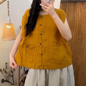 Cap Sleeves Casual Cotton Linen Vest
