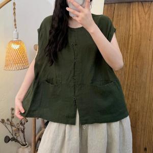 Cap Sleeves Casual Cotton Linen Vest