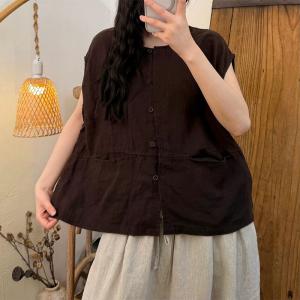 Cap Sleeves Casual Cotton Linen Vest