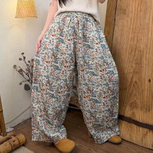 Summer Patterned Linen Loose Wide Leg Pants
