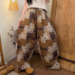 Summer Patterned Linen Loose Wide Leg Pants