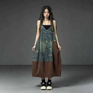 Red Gingham Patchwork Dot Embroidery Denim Slip Dress