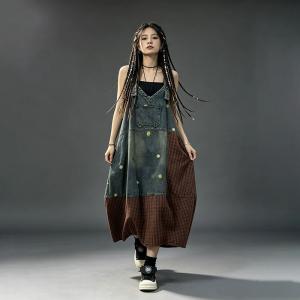 Red Gingham Patchwork Dot Embroidery Denim Slip Dress